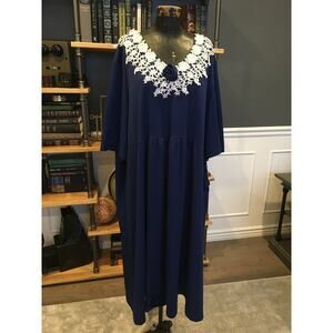 Roaman's, Navy Blue, Long Dress, White Lace, Blue Flower, Deep V Neck, Long